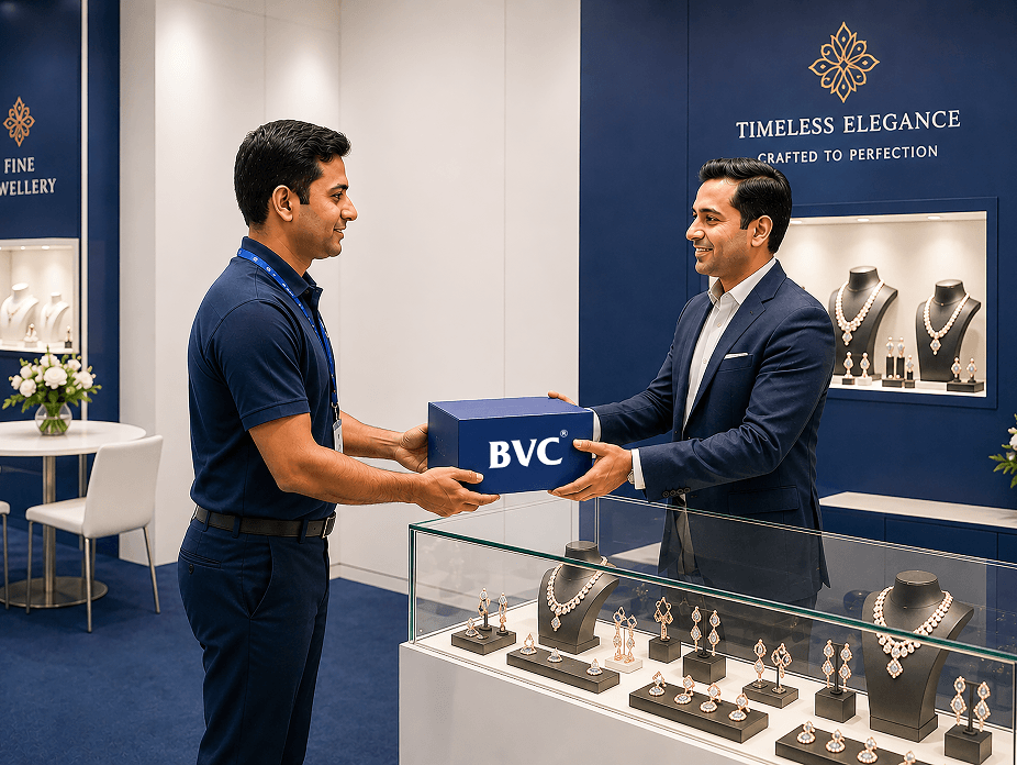 BVC team securely handling high-value pieces on-site at an international exhibition