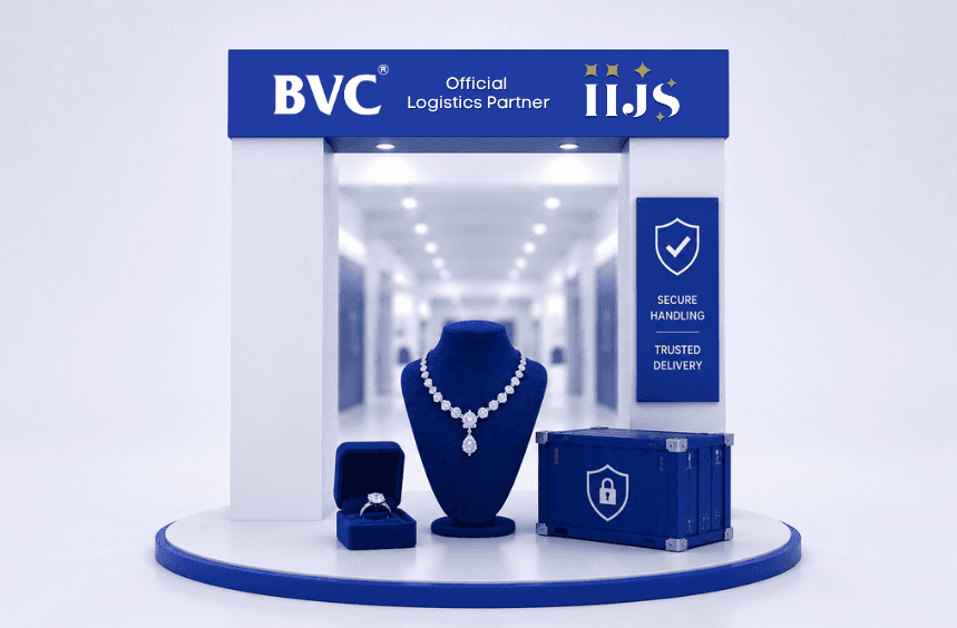 A BVC Official Logistics Partner booth for IIJS with a diamond necklace on a stand, a ring box and a secure BVC case