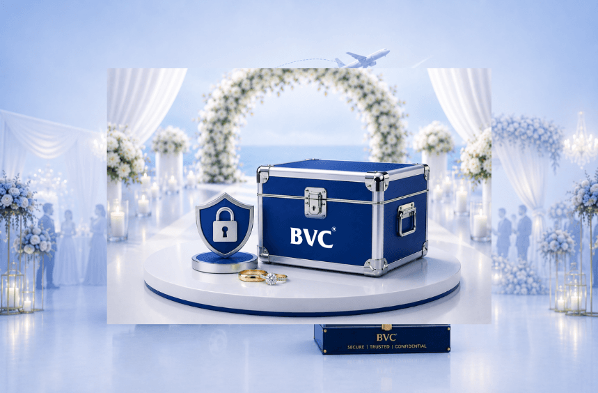 A blue BVC secure case with a padlock beneath a floral wedding arch — BVC WeddingSHIP