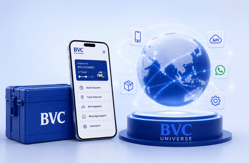 A smartphone showing the BVC Universe app with booking, tracking, API and WhatsApp options beside a glowing globe on a 'BVC Universe' pedestal