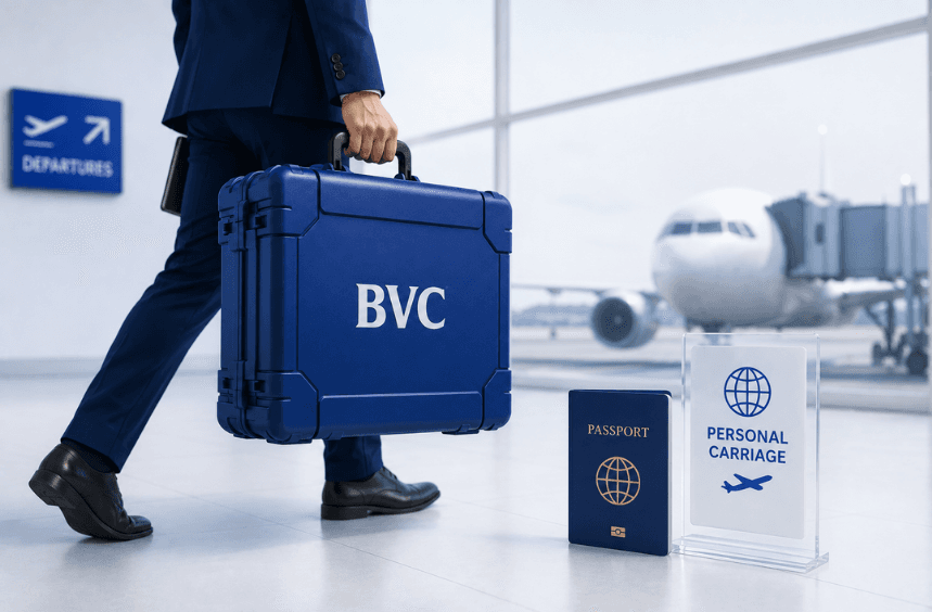 A BVC executive carrying a secure BVC case through airport departures, with a passport and a 'Personal Carriage' sign