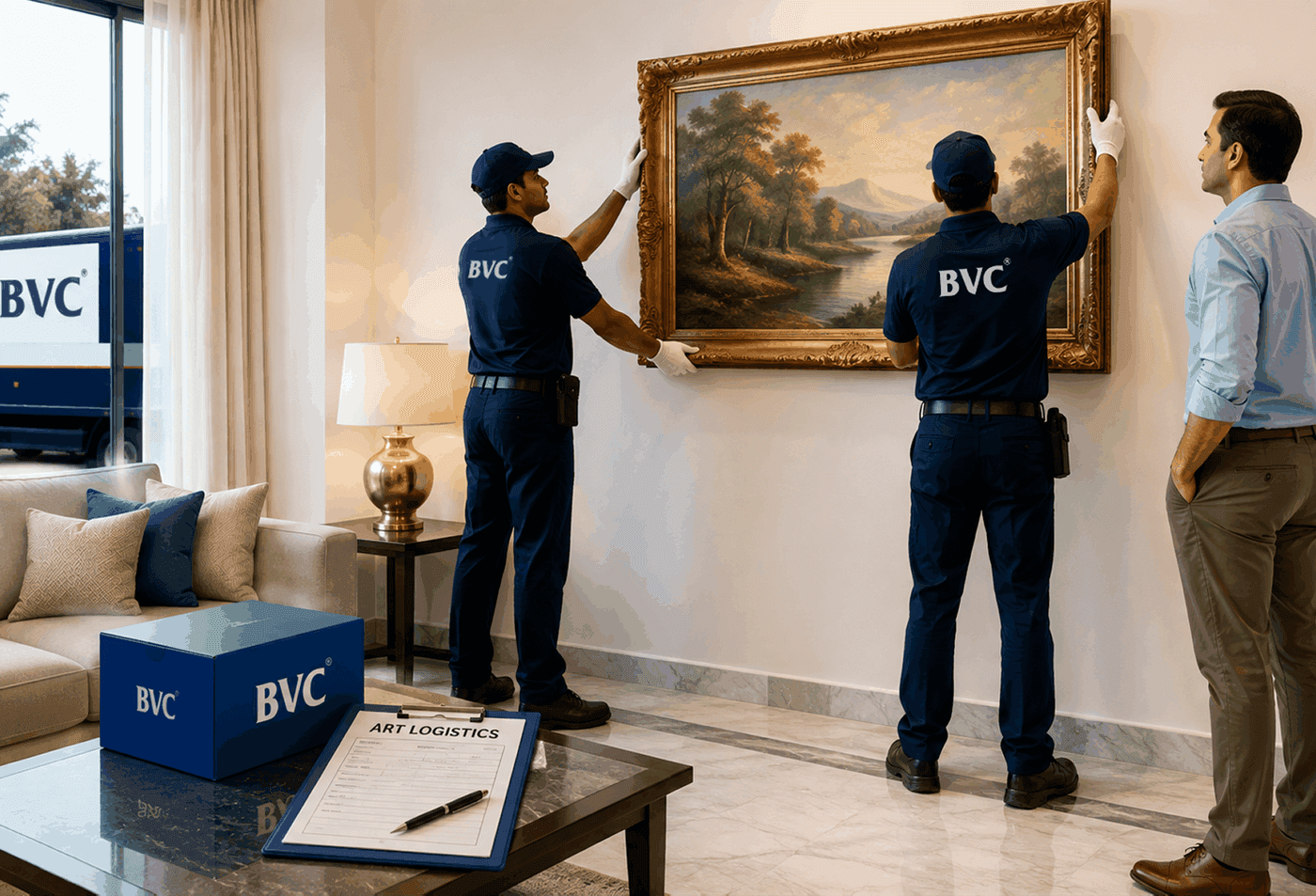 BVC ArtSHIP art handlers delivering and installing a framed painting inside a private residence