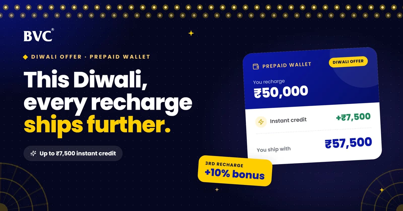 This Diwali, every recharge ships further. Recharge ₹50,000, ship with ₹57,500.