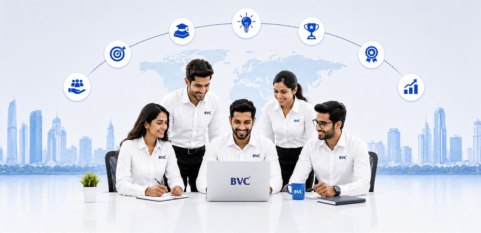The BVC team collaborating around a laptop, surrounded by icons for learning, ideas, achievement and growth