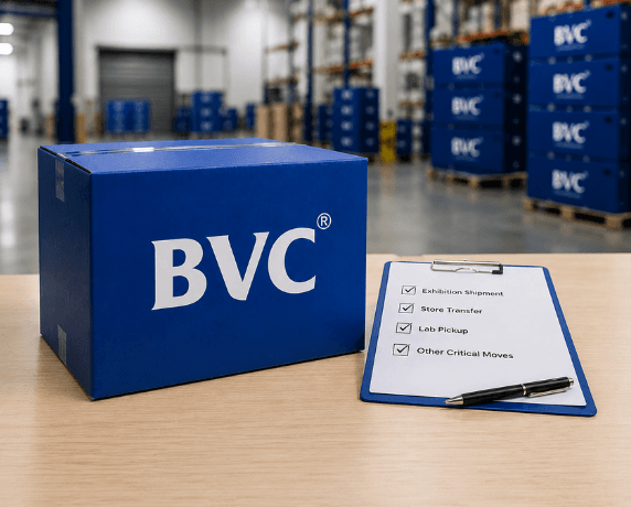 A BVC blue box beside a ticked checklist on a clipboard in a logistics warehouse