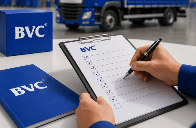 A BVC staff member ticking off a BVC checklist on a clipboard, with sealed BVC boxes and a BVC secure truck in the background