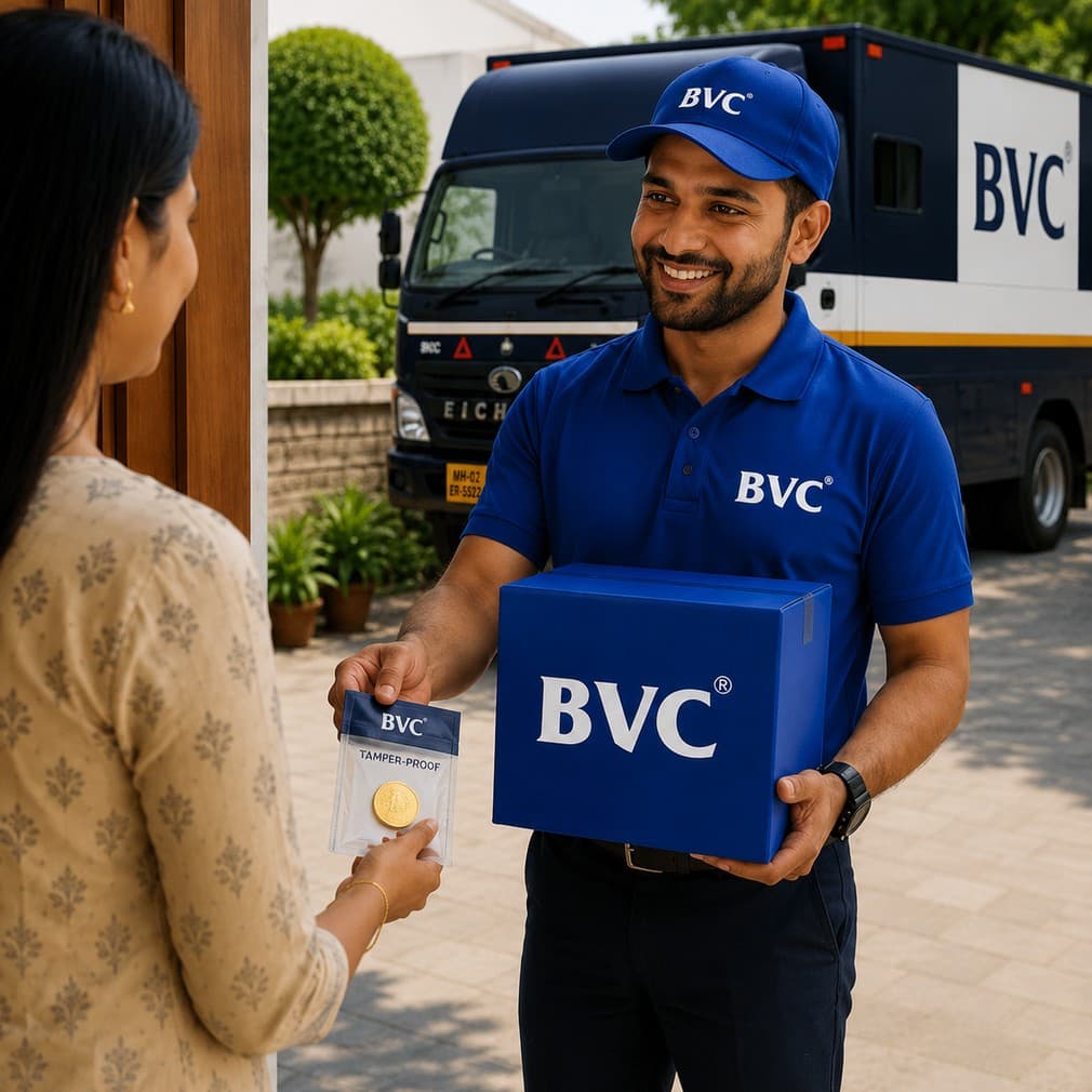 BVC delivery agent handing a gold coin and a sealed BVC box to a customer at her doorstep