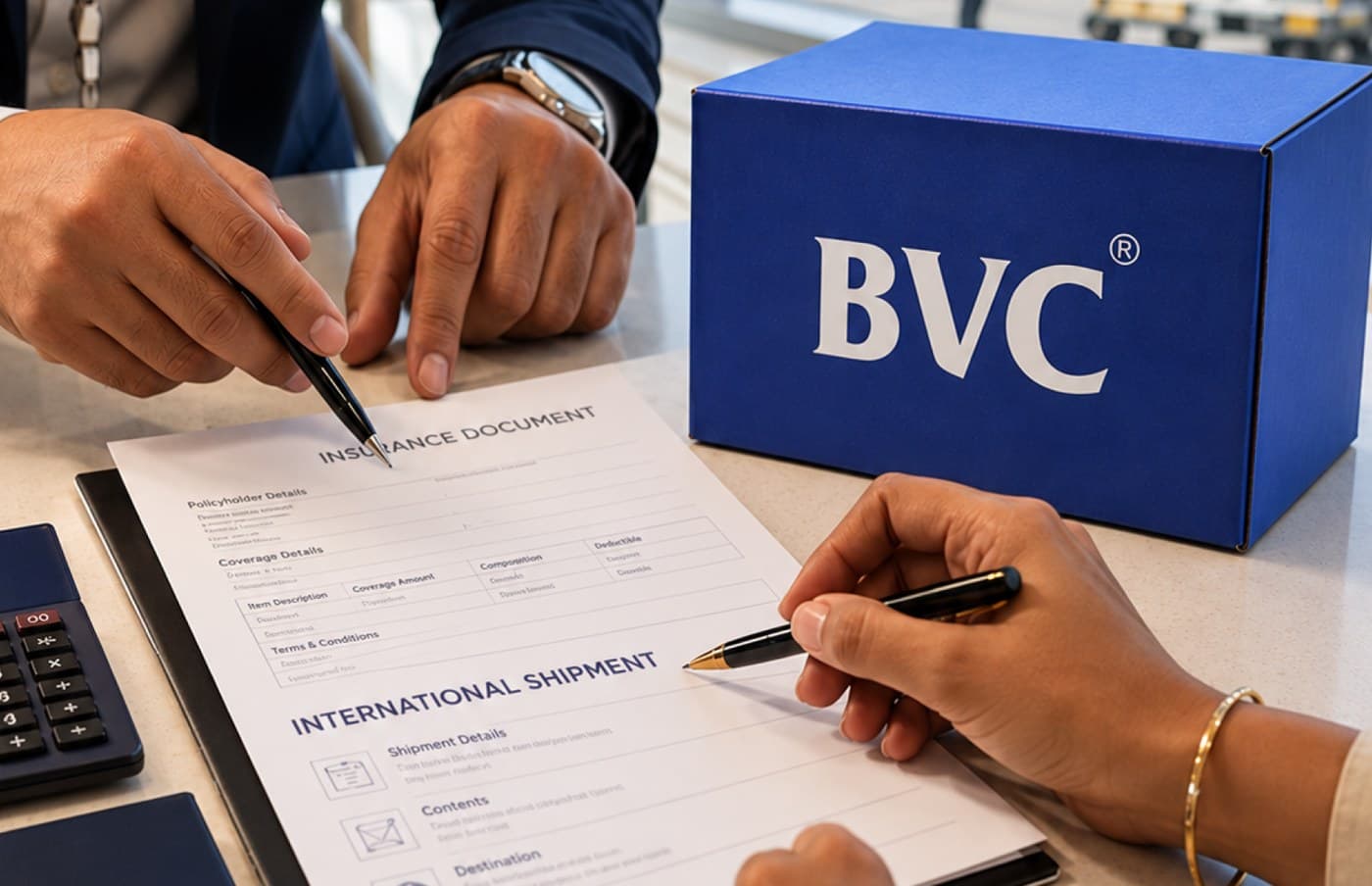 BVC secure shipping flow: BVC packs and insures, then hands off to DHL