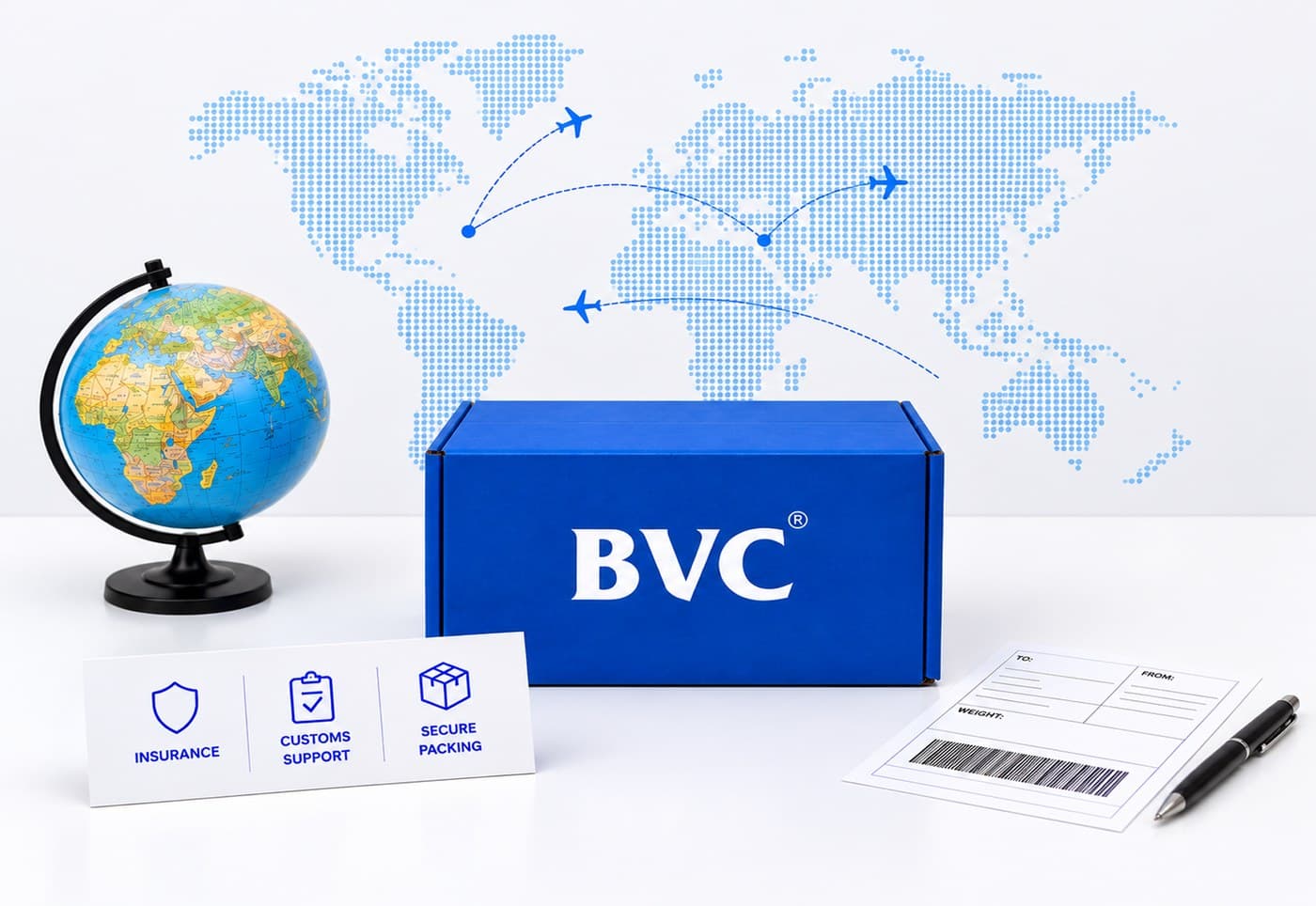 BVC secure shipping flow: BVC packs and insures, then hands off to FedEx