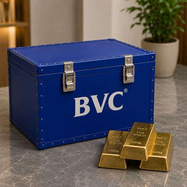 A reinforced BVC trunk beside three FINE GOLD 1000g bars on a marble surface