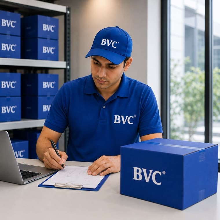 A BVC team member at a desk with a laptop, clipboard and a BVC box comparing shipping options