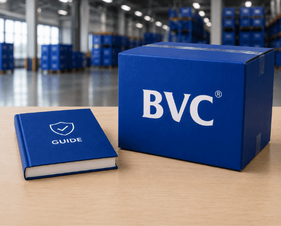 A BVC blue shipping box beside a BVC GUIDE book in a logistics facility