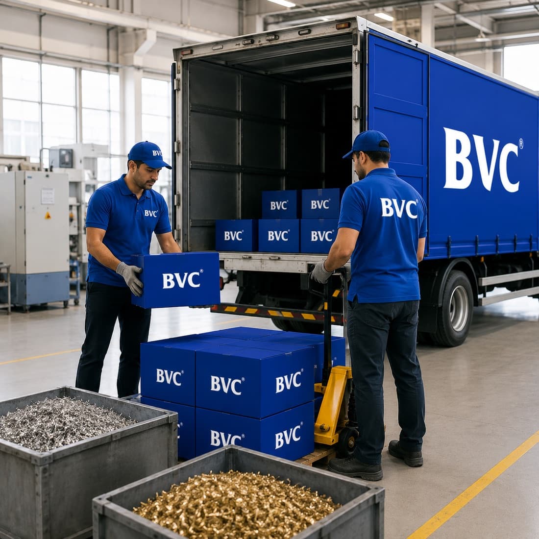 BVC crew loading sealed BVC boxes into a truck inside a factory beside bins of industrial gold and silver scrap