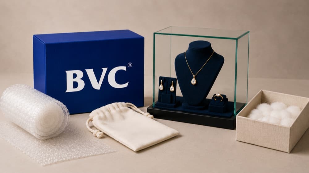 Careful jewellery packaging with cotton, bubble wrap, a pouch and a BVC box