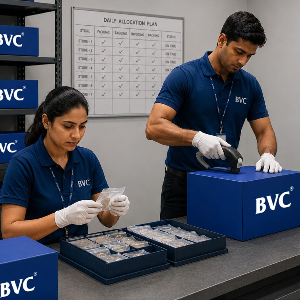 Two BVC officers in gloves picking and tagging gold jewellery at a warehouse counter, with blue BVC crates stacked on shelves behind them