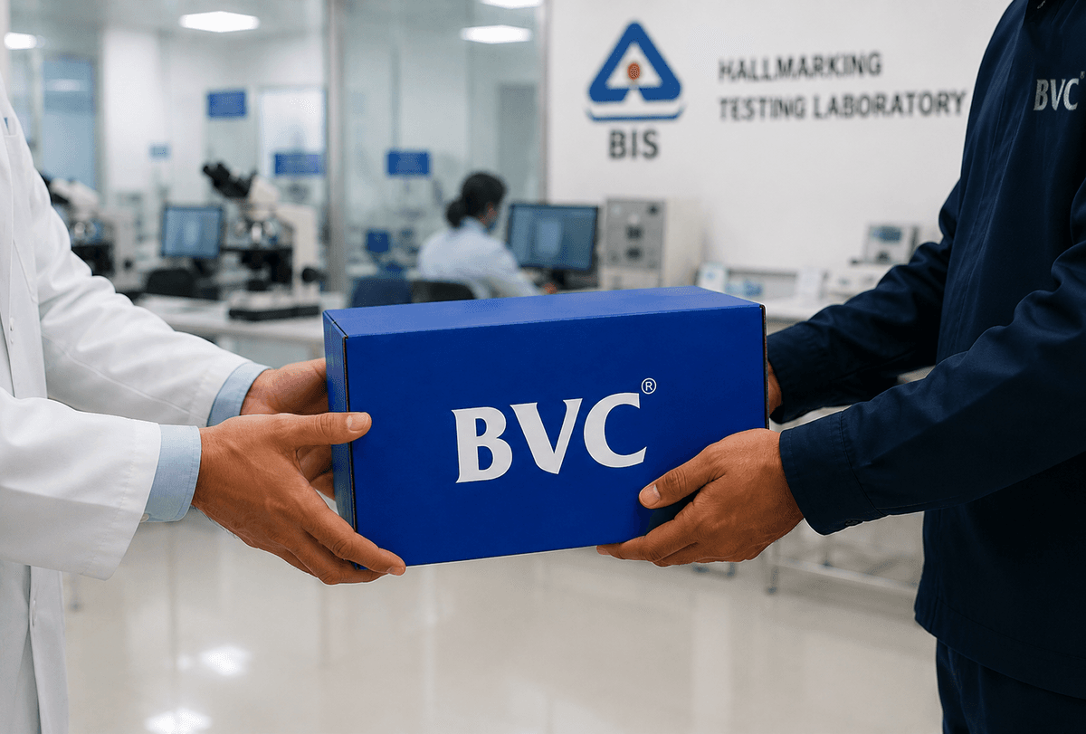 Illustration of a BVC lab milk run — BVC truck circulating between a jewellery store, vault and certification icons