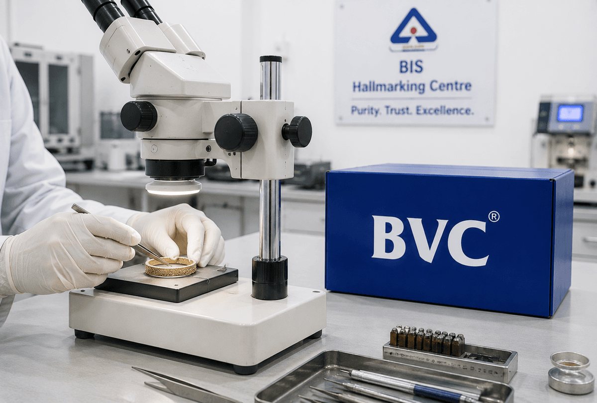 Illustration of the hallmarking process — gold bars with 916 purity stamp, lab technician at a testing console and BIS certification badge