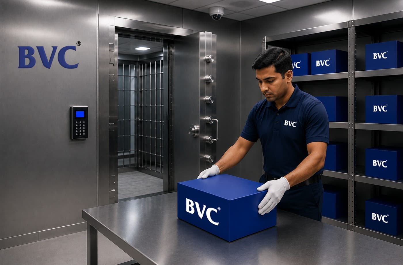 A BVC officer in gloves handling a blue BVC case beside a tray of gold bars in a trade-zone warehouse, with colleagues and a forklift moving BVC crates behind