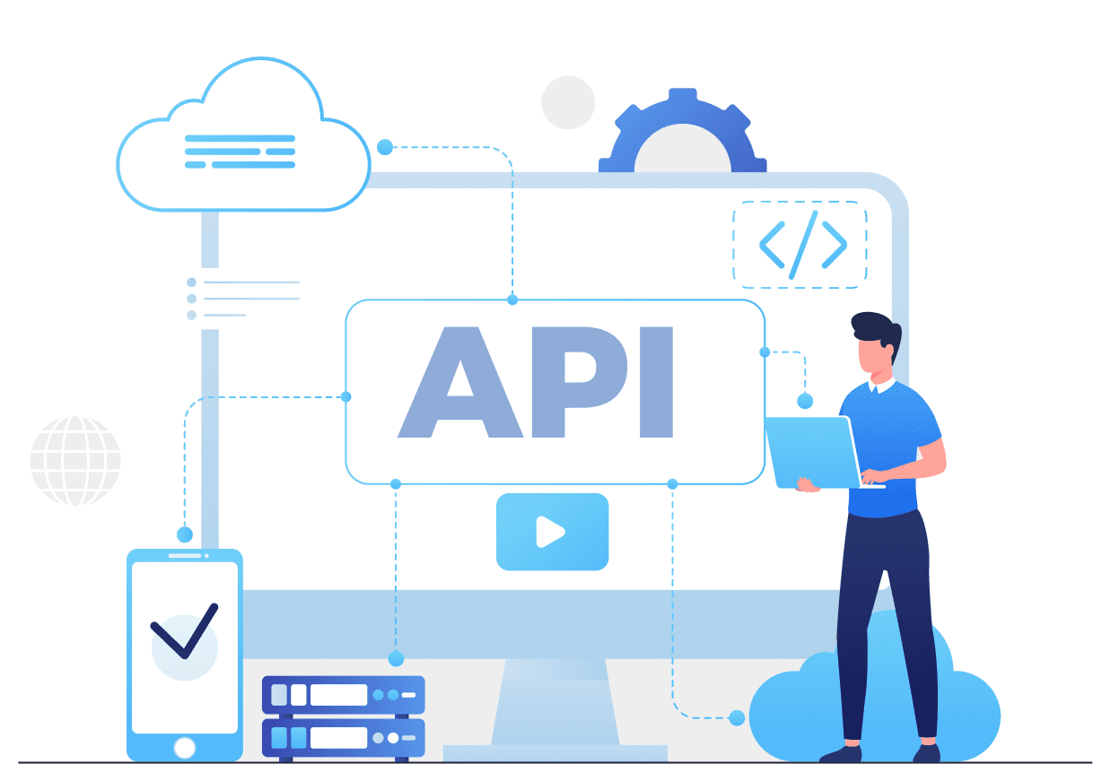 BVC Universe API integration — a developer connects internal systems to a central API hub linked to cloud, servers, mobile, web and tracking data