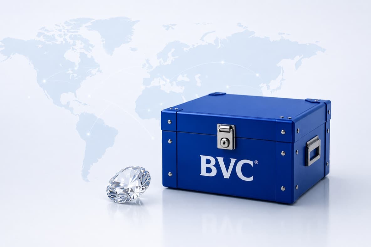 A blue BVC secure shipping case beside a polished diamond, set against a world map of global routes