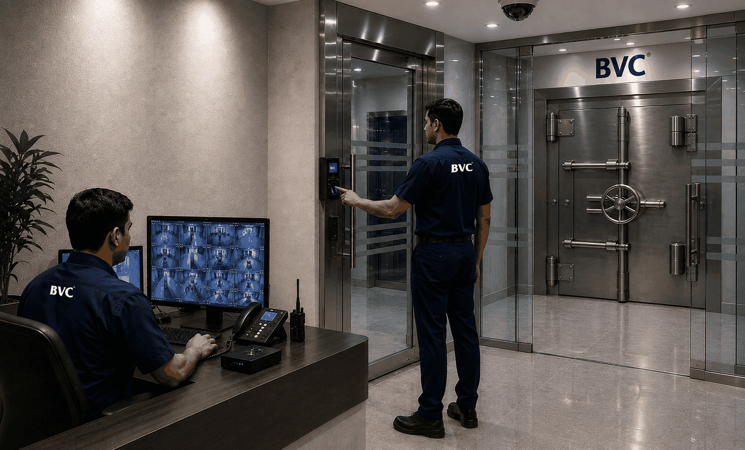 BVC armed personnel at secure branch facility with vault and CCTV
