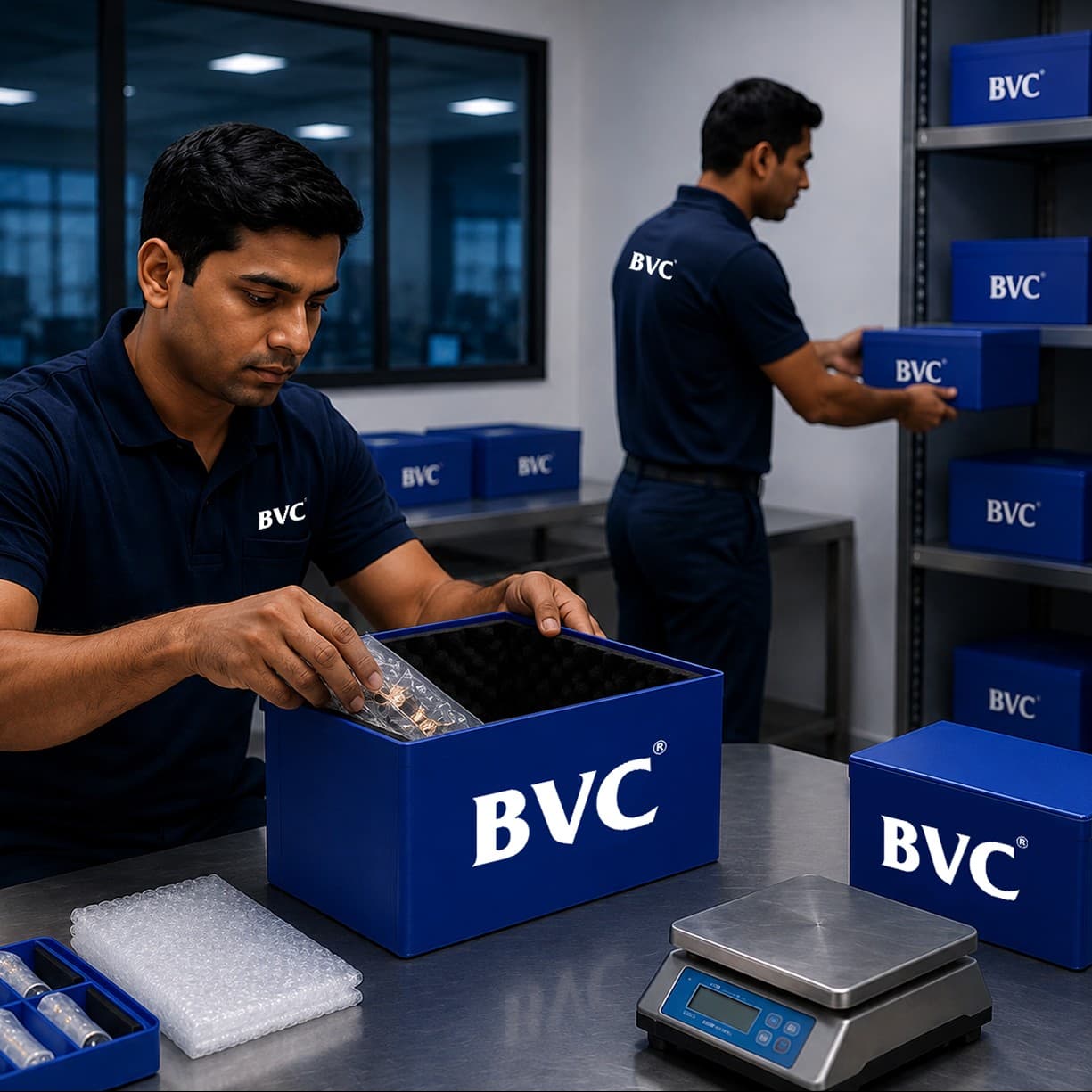Two BVC handlers in navy polos and white gloves packing loose gemstones into a foam-lined blue BVC security case with a precision scale and bubble-wrap on a steel bench, with blue BVC cases on shelves behind