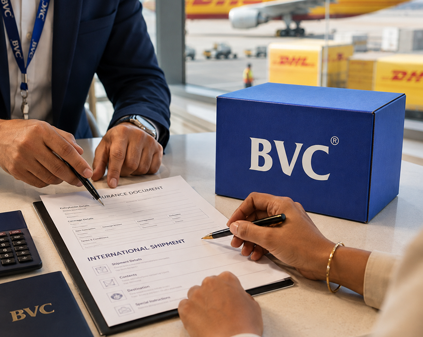 BVC secure shipping flow: BVC packs and insures, then hands off to DHL
