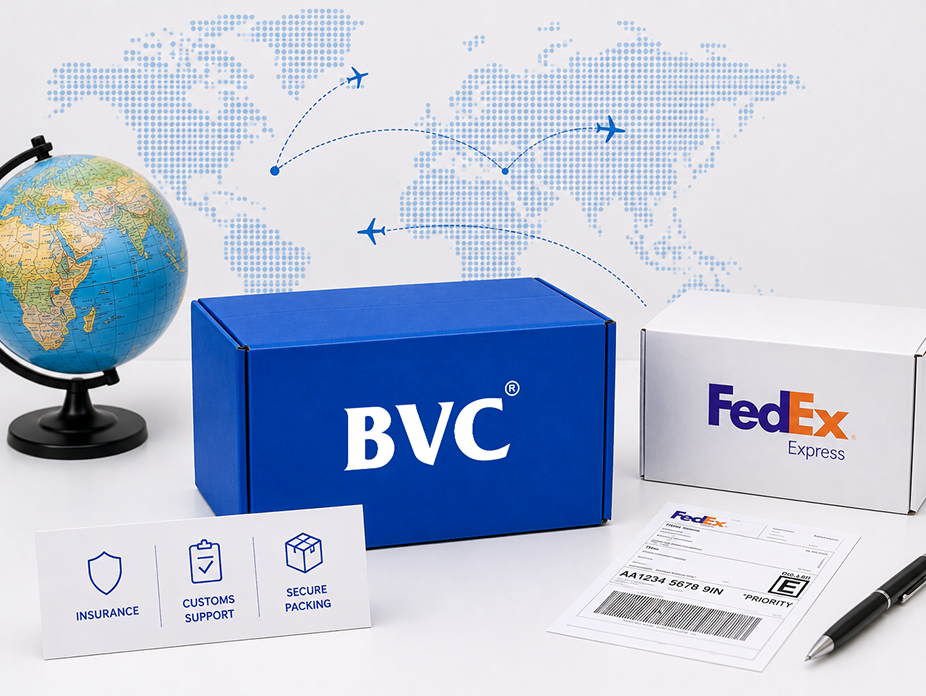 BVC secure shipping flow: BVC packs and insures, then hands off to FedEx