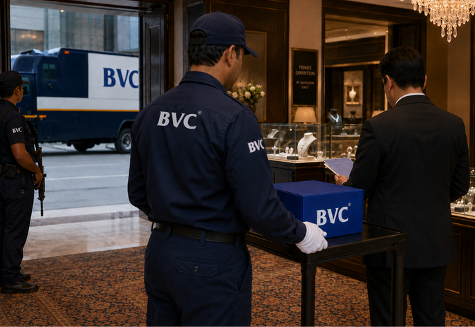 BVC team coordinating secure transport of jewellery to a private exhibition venue