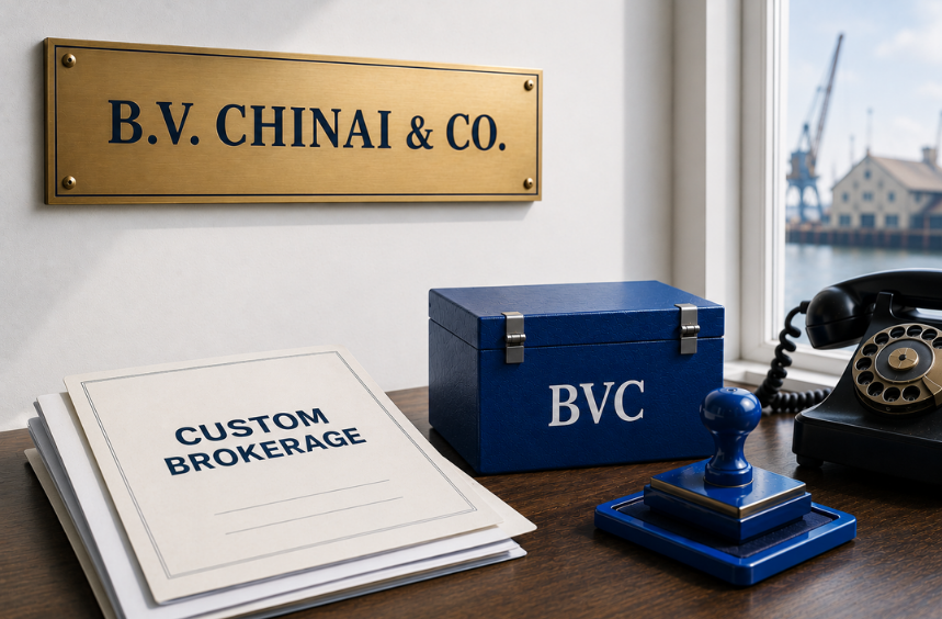 A 'B.V. Chinai & Co.' brass nameplate beside a blue BVC box, a 'Custom Brokerage' binder and a vintage telephone, overlooking a harbour