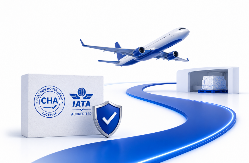 A passenger aircraft above a CHA License and IATA Accredited box, a secure shield and a blue route leading to a cargo warehouse