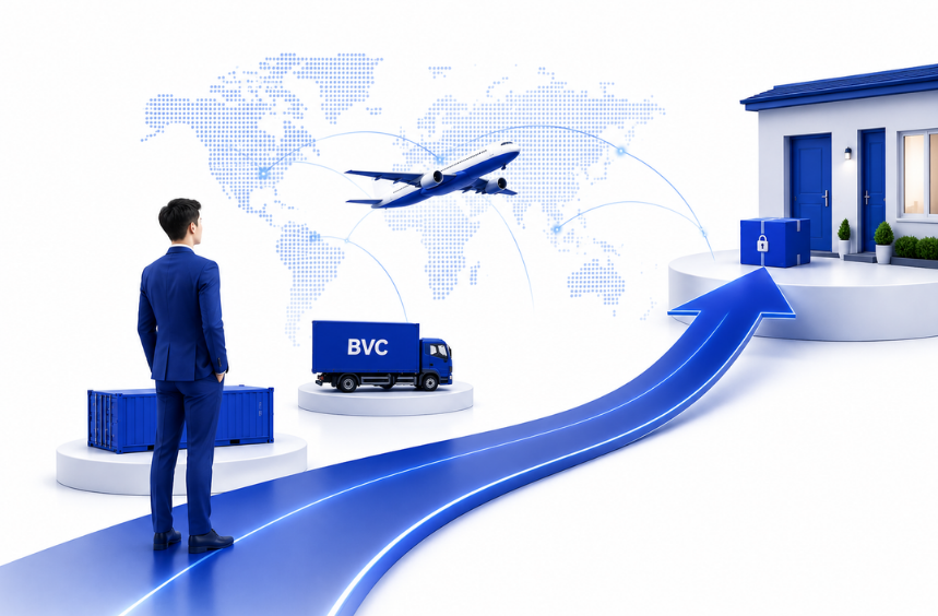 A businessman facing a world map traced with international routes, with a BVC truck, a shipping container, an aircraft and a delivery building