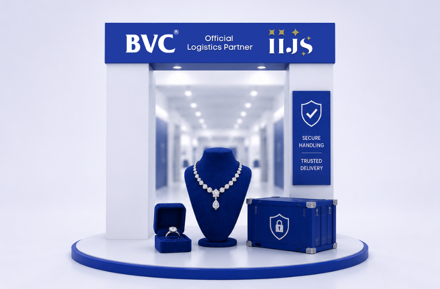 A BVC Official Logistics Partner booth for IIJS with a diamond necklace on a stand, a ring box and a secure BVC case