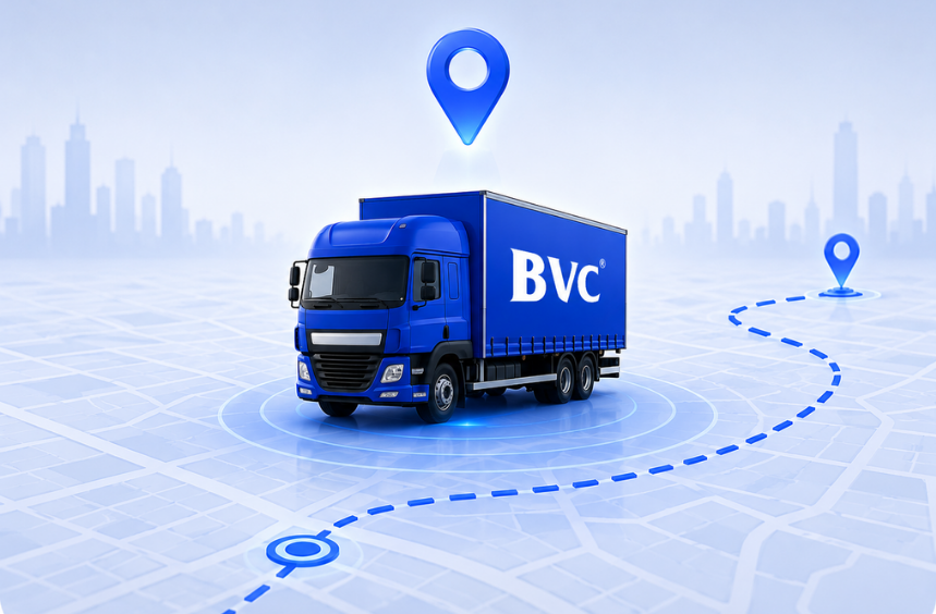 A blue BVC truck on a digital map with a GPS location pin and a dotted tracked route across a city