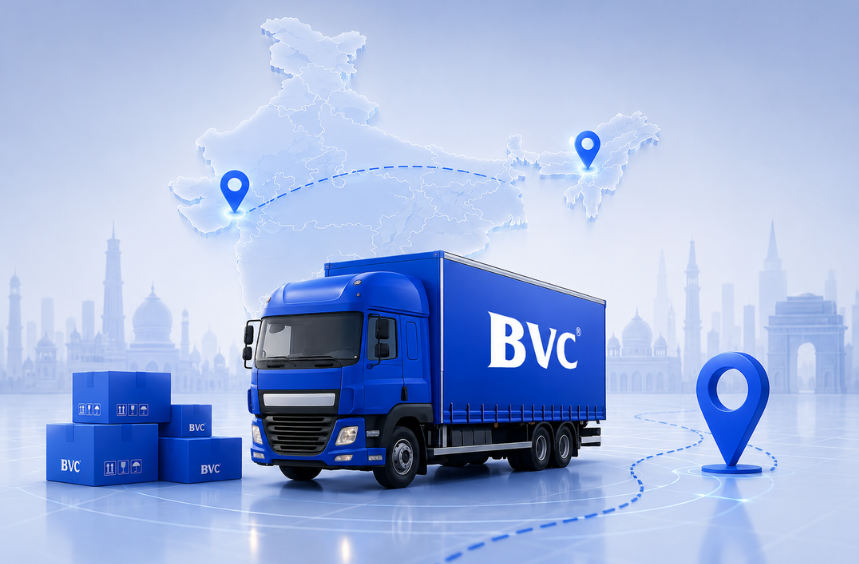 A blue BVC truck with stacked BVC boxes on a map of India marked with location pins and Indian monuments