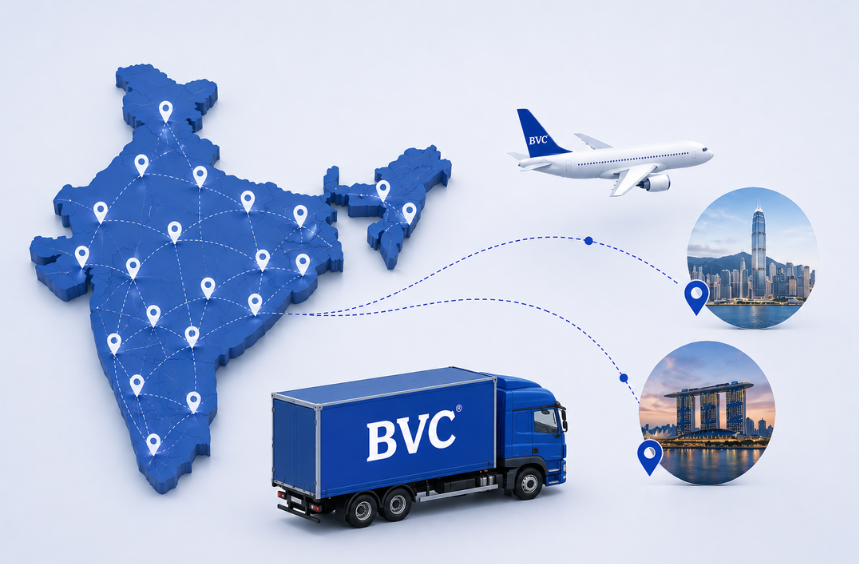 A map of India dotted with BVC location pins, an aircraft and a BVC truck, with international city insets