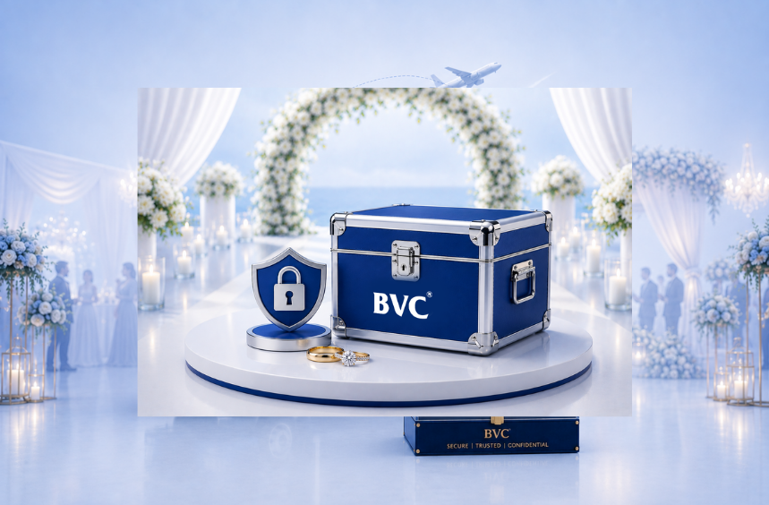 A blue BVC secure case with a padlock beneath a floral wedding arch — BVC WeddingSHIP