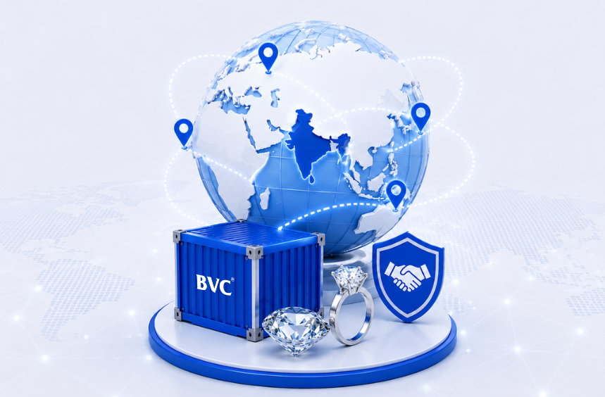 A blue BVC crate with diamonds and a secure shield before a glowing globe showing India and Asia trade routes