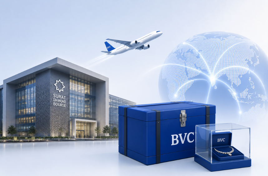 The Surat Diamond Bourse building with an aircraft overhead, a blue BVC box and a jewellery ring box