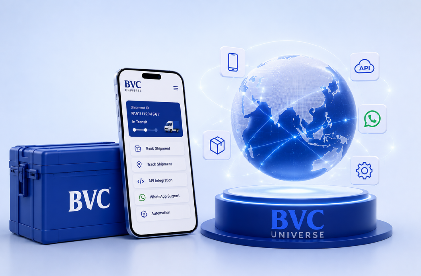 A smartphone showing the BVC Universe app with booking, tracking, API and WhatsApp options beside a glowing globe on a 'BVC Universe' pedestal
