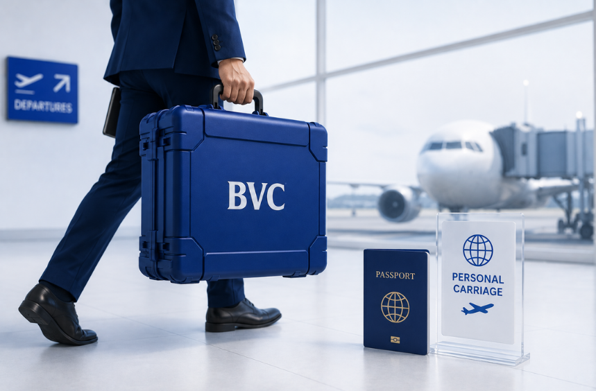 A BVC executive carrying a secure BVC case through airport departures, with a passport and a 'Personal Carriage' sign