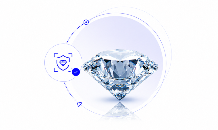 A cut diamond ringed by a secure-custody scan motif
