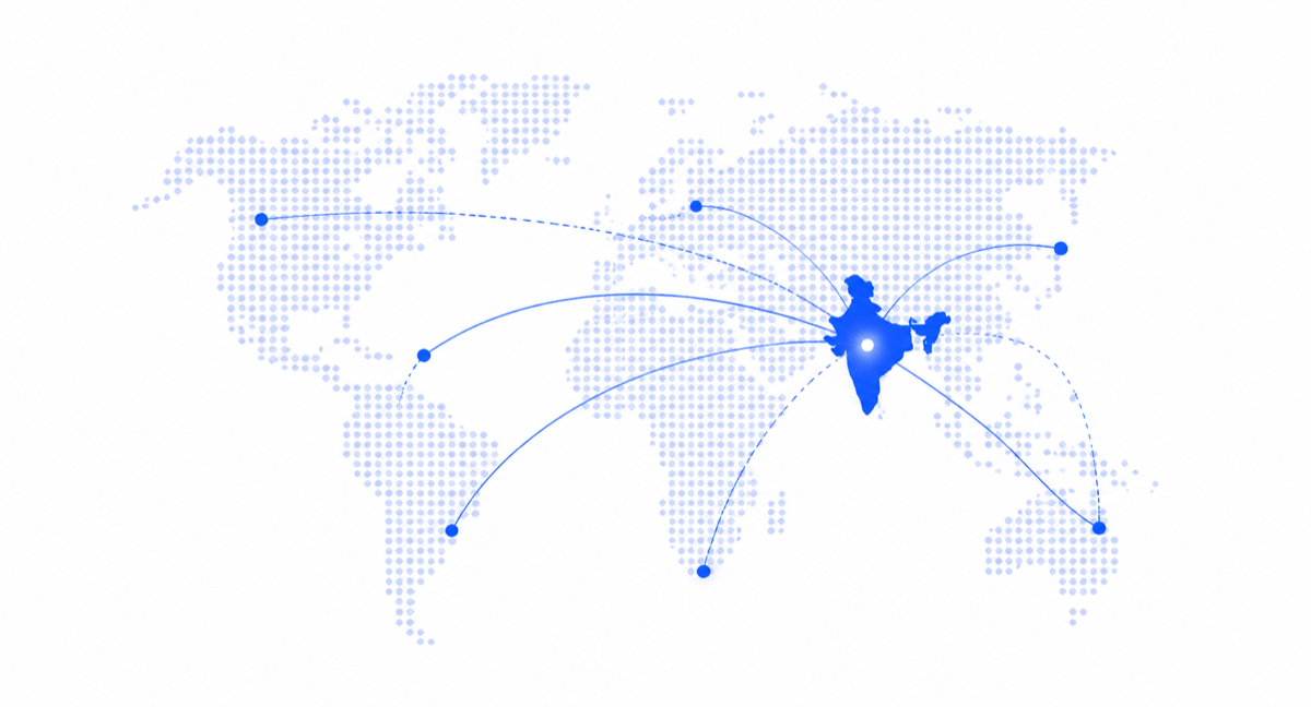 A dotted world map with BVC's network routes radiating from India