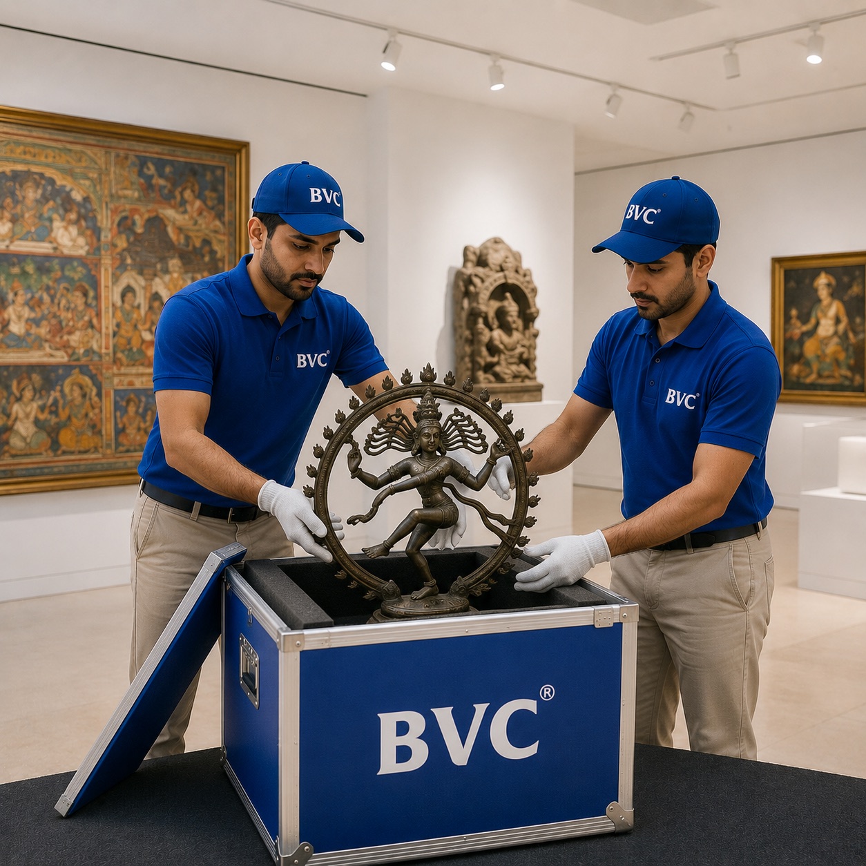 Two white-gloved BVC handlers placing a bronze Nataraja sculpture into a secure BVC art crate inside a museum gallery hung with Indian artworks