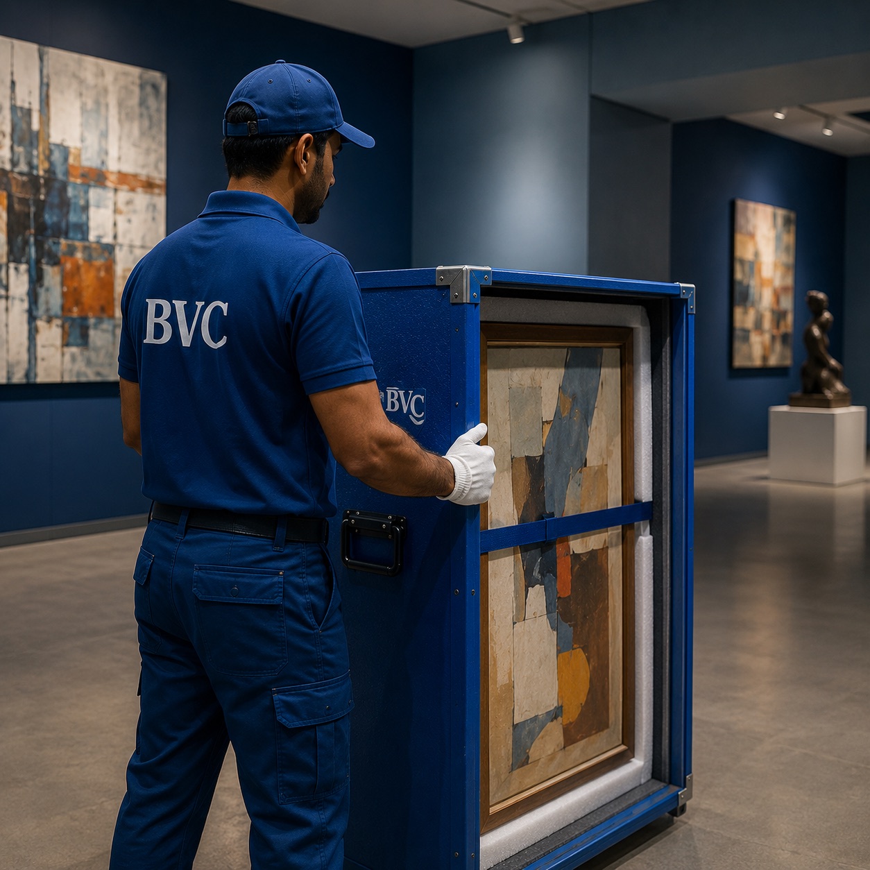 A white-gloved BVC handler placing a framed abstract painting into a padded blue BVC art crate inside an art gallery