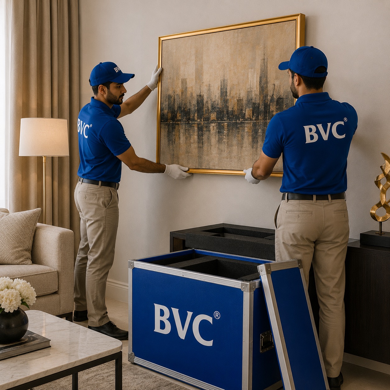 Two BVC crew members hanging a framed cityscape painting on a wall in a luxury home living room, with an open BVC crate alongside