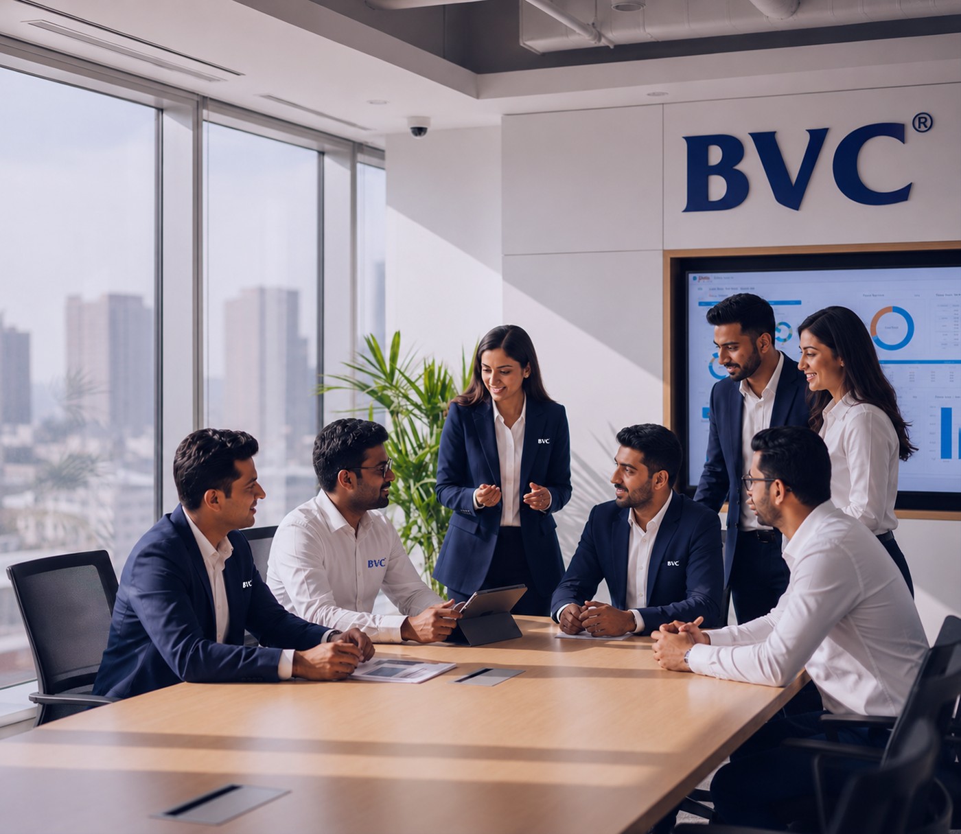 BVC team collaborating around a table in a meeting room