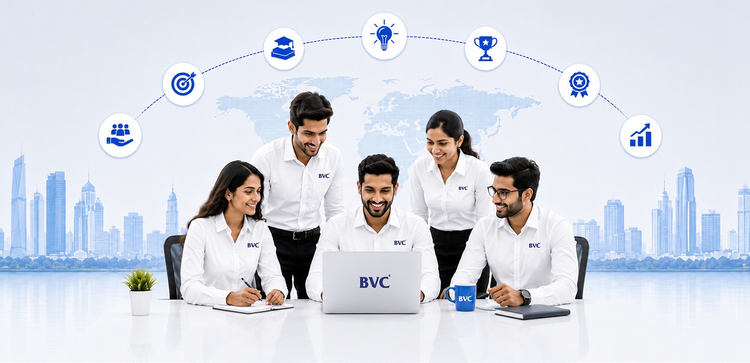 The BVC team collaborating around a laptop, surrounded by icons for learning, ideas, achievement and growth