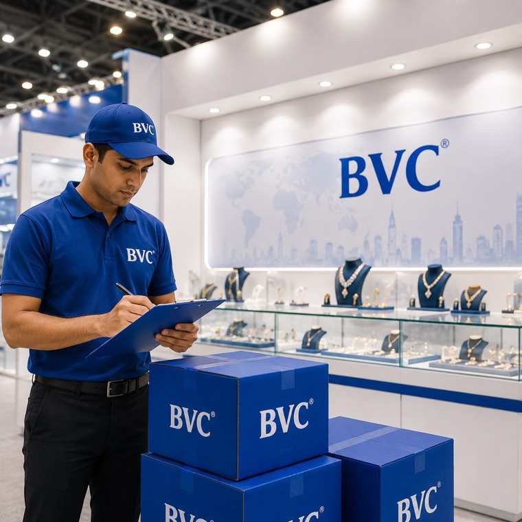 BVC staff with a clipboard at a jewellery exhibition booth beside sealed BVC boxes