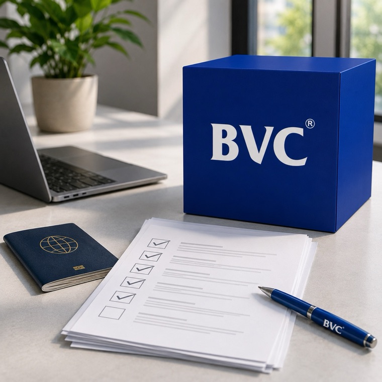 A BVC box beside a passport, a laptop and a ticked checklist on a desk